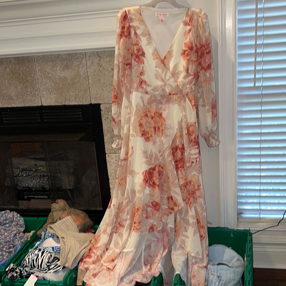 Flying Tomato Floral Cream and Rust Long Sleeve Maxi Dress